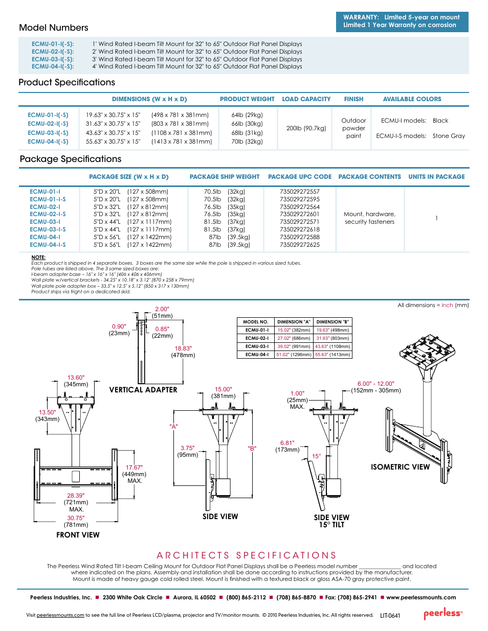 Product specifications model numbers, Package specifications | Peerless-AV ECMU-04-I-S  - Sell Sheet User Manual | Page 2 / 2