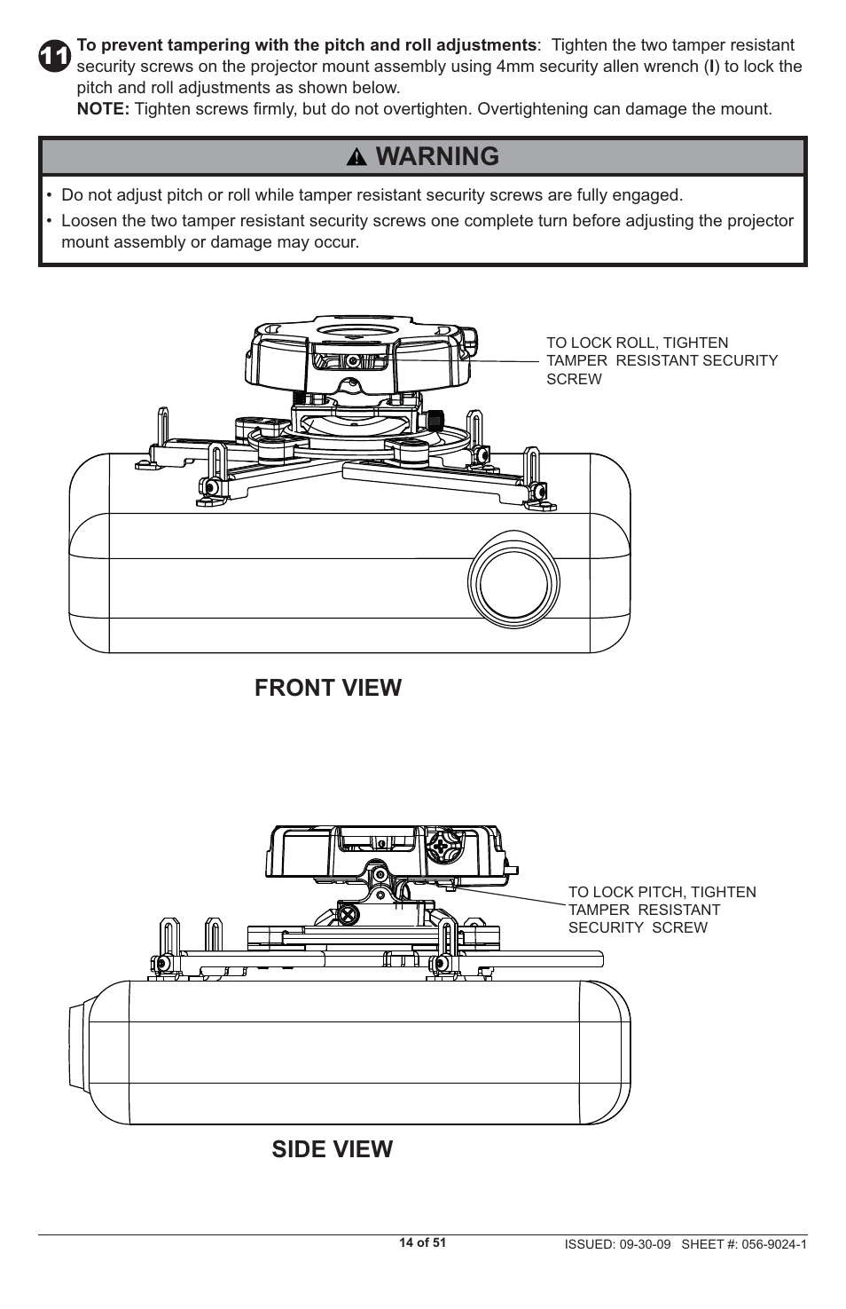 Warning, Front view side view | Peerless-AV PRG-UNV-S - Installation User Manual | Page 14 / 51