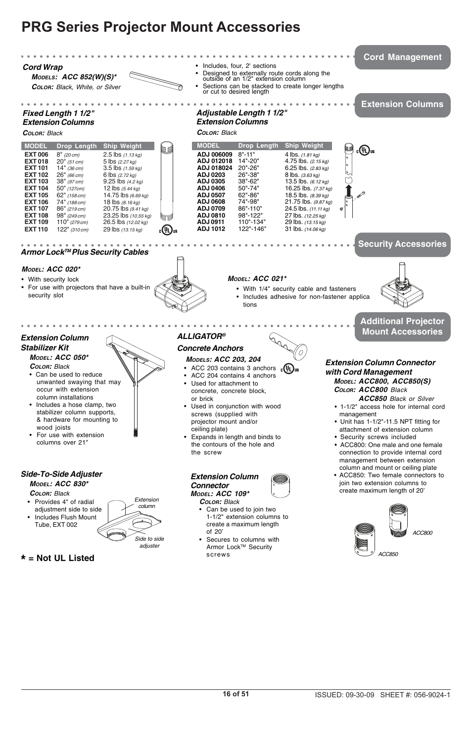 Prg series projector mount accessories, Not ul listed, Alligator | Concrete anchors, Cord wrap, Side-to-side adjuster, Armor lock, Plus security cables, Fixed length 1 1/2" extension columns, Adjustable length 1 1/2" extension columns | Peerless-AV PRG-UNV-S - Installation User Manual | Page 16 / 51