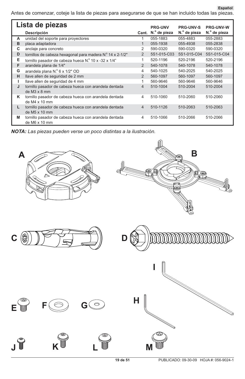 Lista de piezas | Peerless-AV PRG-UNV-S - Installation User Manual | Page 19 / 51