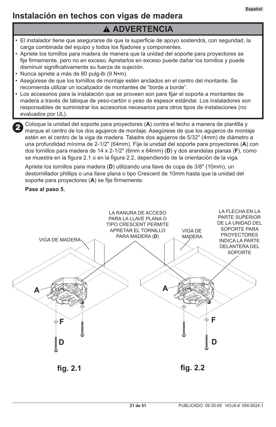 Instalación en techos con vigas de madera, Advertencia, Da f f | Fi g. 2.1 fi g. 2.2 | Peerless-AV PRG-UNV-S - Installation User Manual | Page 21 / 51