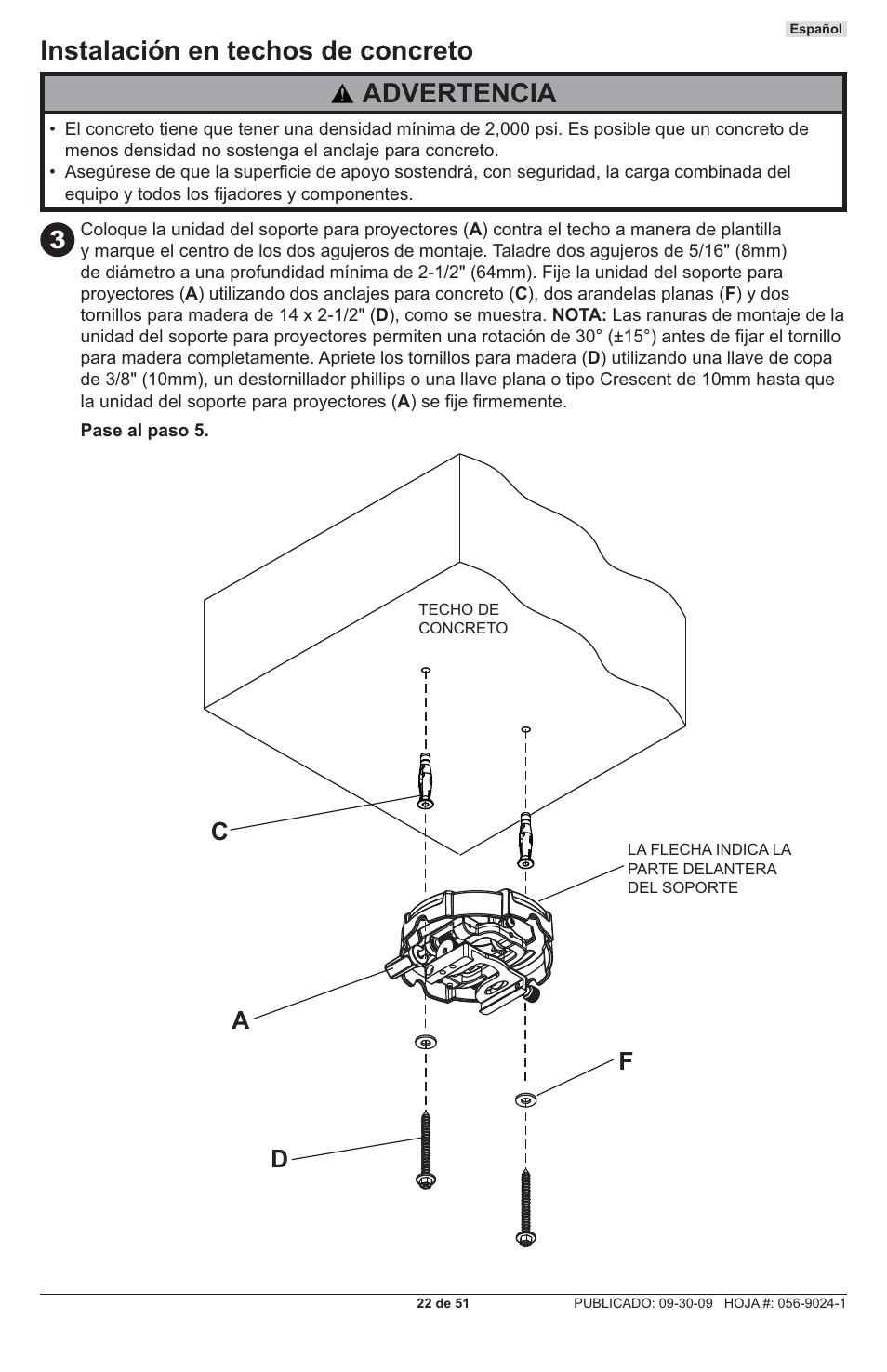 Advertencia, Instalación en techos de concreto, Da f c | Peerless-AV PRG-UNV-S - Installation User Manual | Page 22 / 51