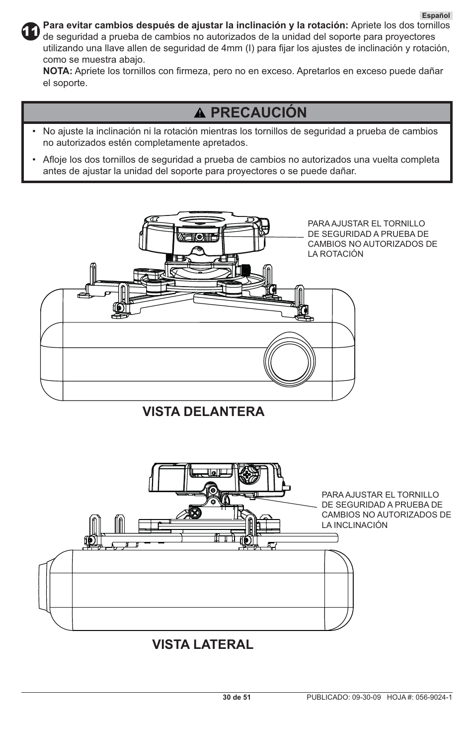 Precaución, Vista delantera vista lateral | Peerless-AV PRG-UNV-S - Installation User Manual | Page 30 / 51