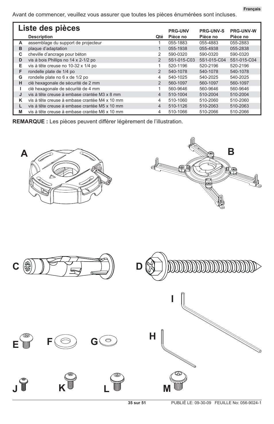 Liste des pièces | Peerless-AV PRG-UNV-S - Installation User Manual | Page 35 / 51