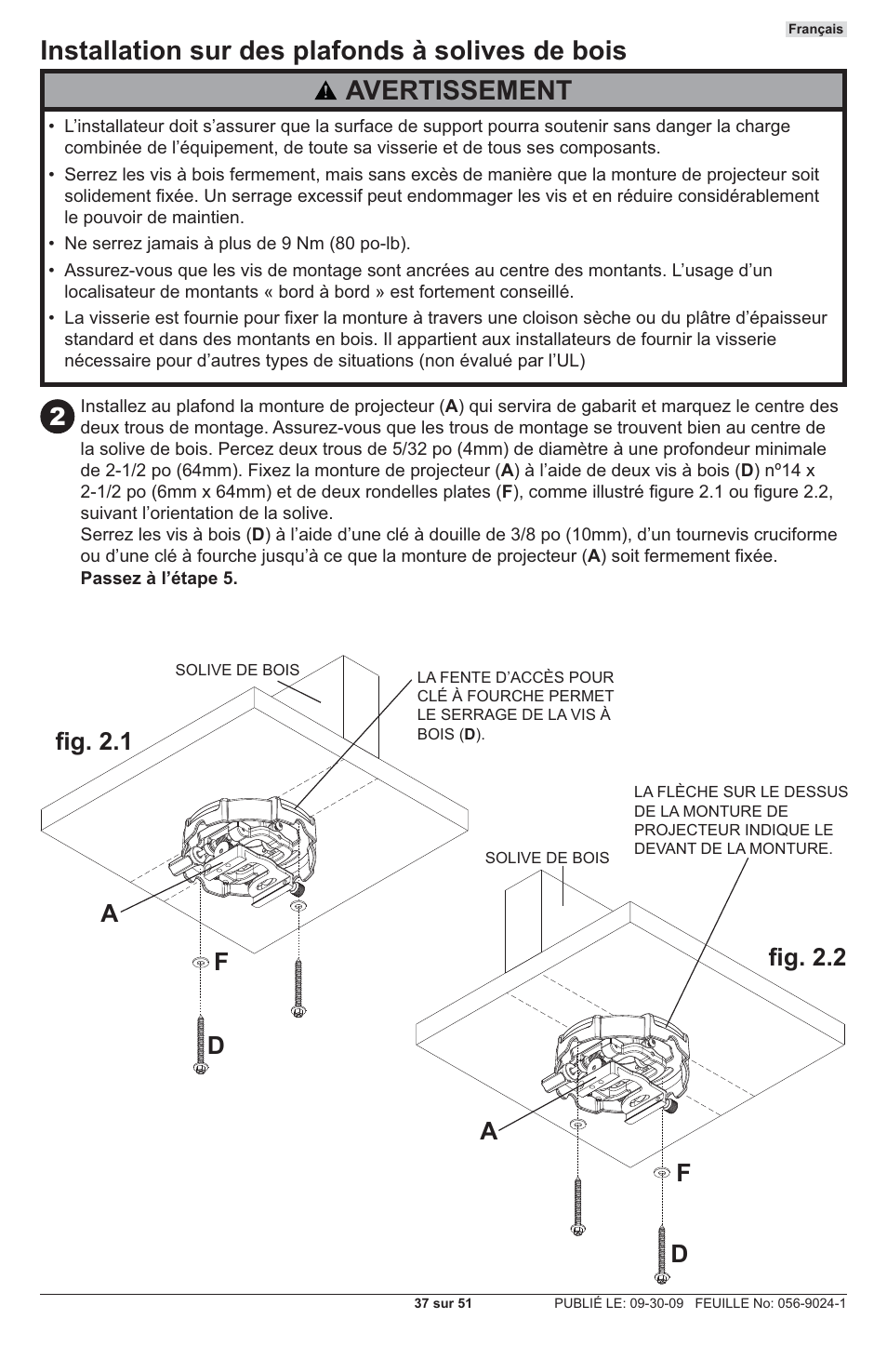 Installation sur des plafonds à solives de bois, Avertissement, Df a | Fi g. 2.1 fi g. 2.2 | Peerless-AV PRG-UNV-S - Installation User Manual | Page 37 / 51