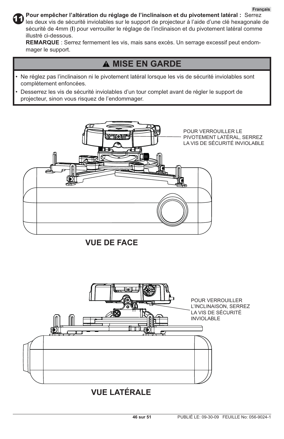 Mise en garde, Vue de face vue latérale | Peerless-AV PRG-UNV-S - Installation User Manual | Page 46 / 51