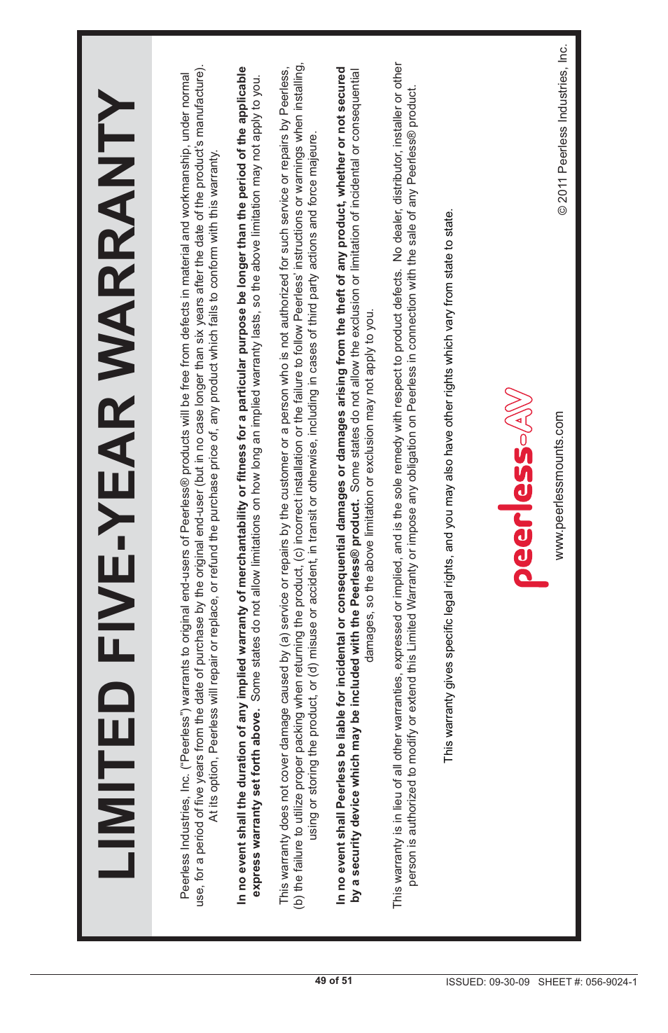 Limited five-year w arranty | Peerless-AV PRG-UNV-S - Installation User Manual | Page 49 / 51