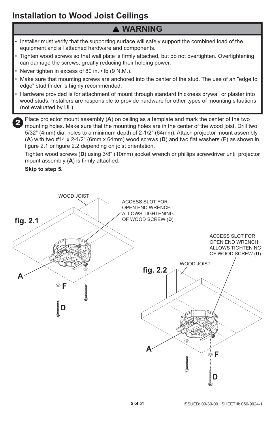 Installation to wood joist ceilings, Warning, Fi g. 2.1 fi g. 2.2 | Peerless-AV PRG-UNV-S - Installation User Manual | Page 5 / 51