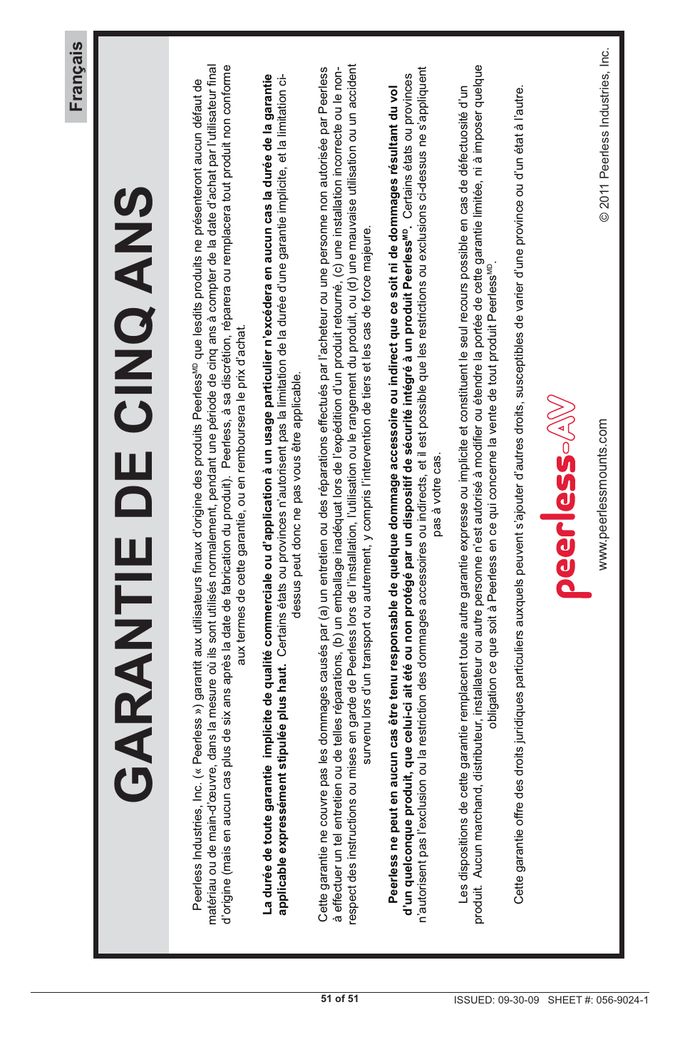 Garantie de cinq ans, Français | Peerless-AV PRG-UNV-S - Installation User Manual | Page 51 / 51