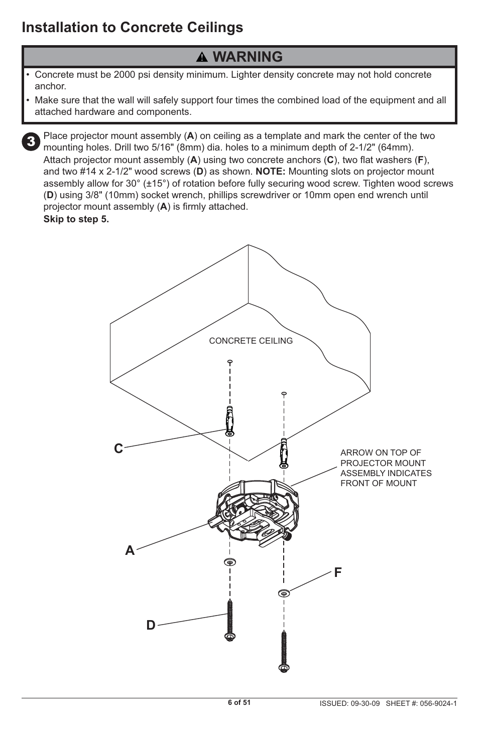 Warning, Installation to concrete ceilings | Peerless-AV PRG-UNV-S - Installation User Manual | Page 6 / 51