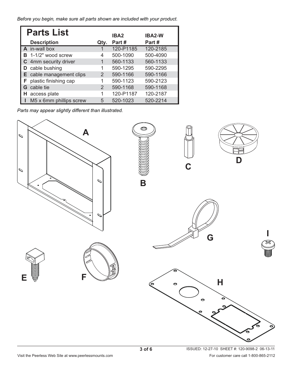 Parts list | Peerless-AV IBA2-W - Installation User Manual | Page 3 / 6