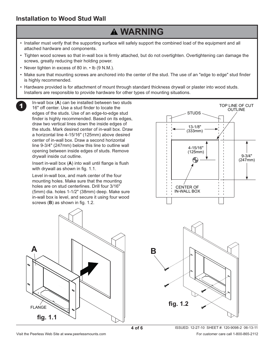 Warning, Installation to wood stud wall 1, Fi g. 1.1 | Fi g. 1.2 | Peerless-AV IBA2-W - Installation User Manual | Page 4 / 6