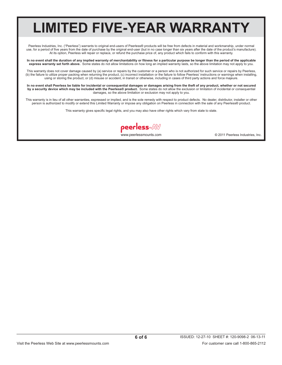 Limited five-year warranty | Peerless-AV IBA2-W - Installation User Manual | Page 6 / 6
