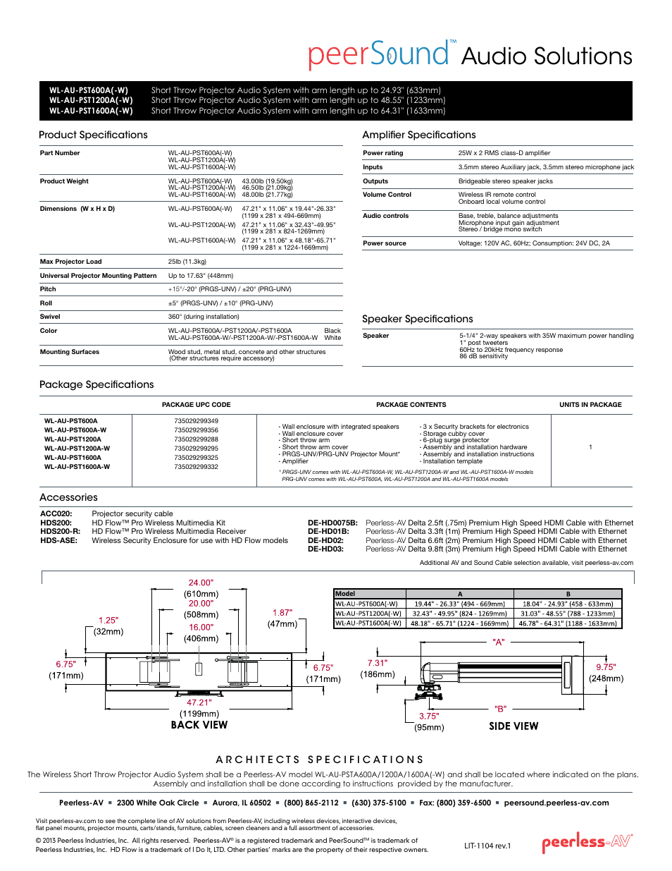 Audio solutions, Product specifications, Package specifications accessories | Amplifier specifications, Speaker specifications | Peerless-AV WL-AU-PST600A-W  - Sell Sheet User Manual | Page 2 / 2