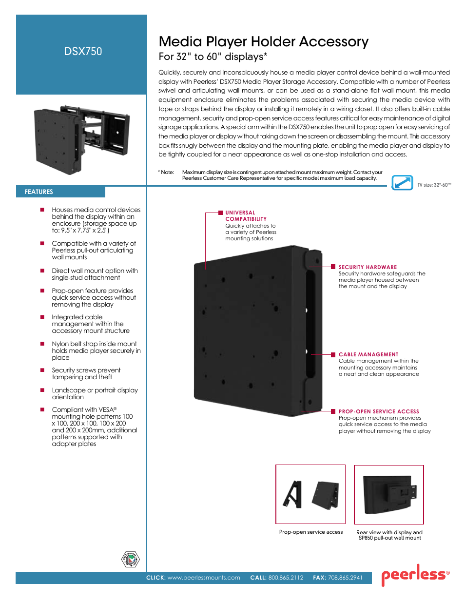 Peerless-AV DSX750  - Sell Sheet User Manual | 2 pages