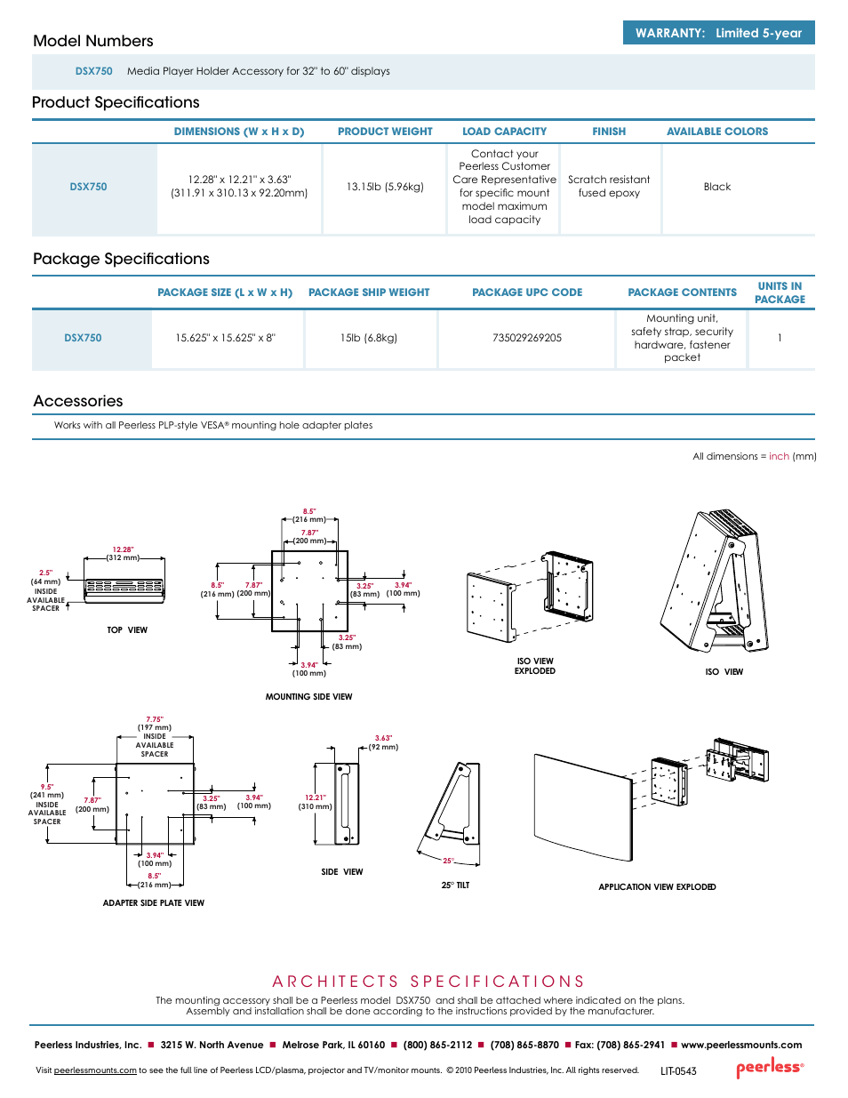 Product specifications model numbers, Package specifications accessories, Warranty: limited 5-year | Peerless-AV DSX750  - Sell Sheet User Manual | Page 2 / 2