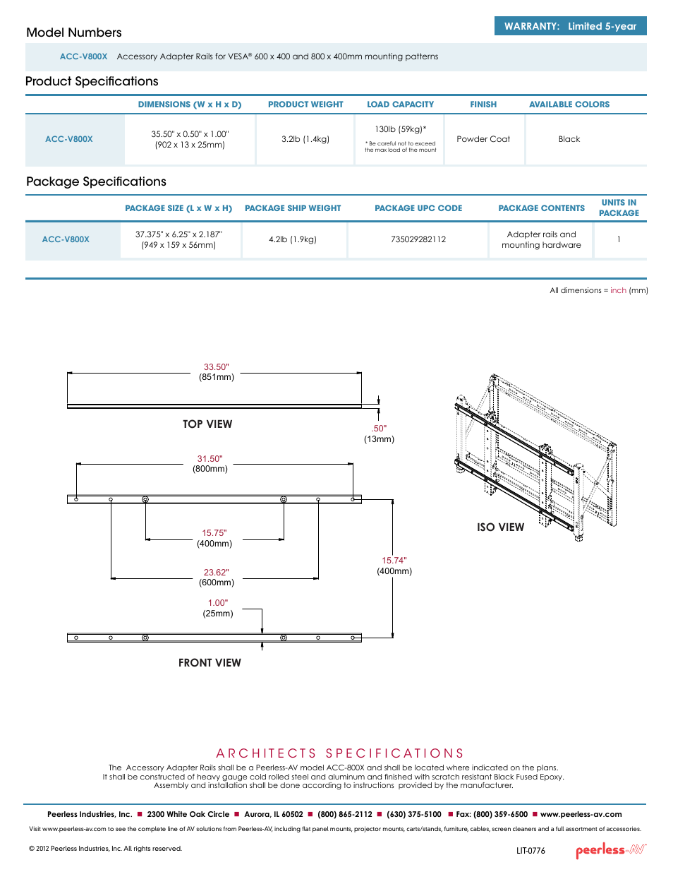 Product specifications model numbers, Package specifications, Top view front view iso view | Peerless-AV ACC-V800X  - Sell Sheet User Manual | Page 2 / 2