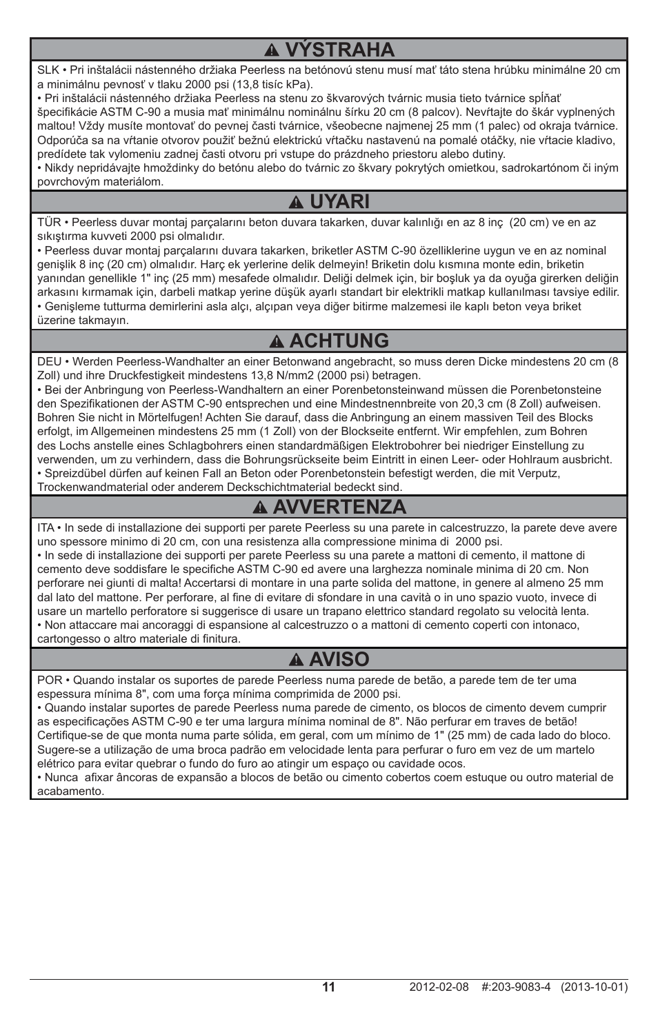 Uyari, Aviso, Výstraha | Avvertenza, Achtung | Peerless-AV SF650P - Installation User Manual | Page 11 / 20