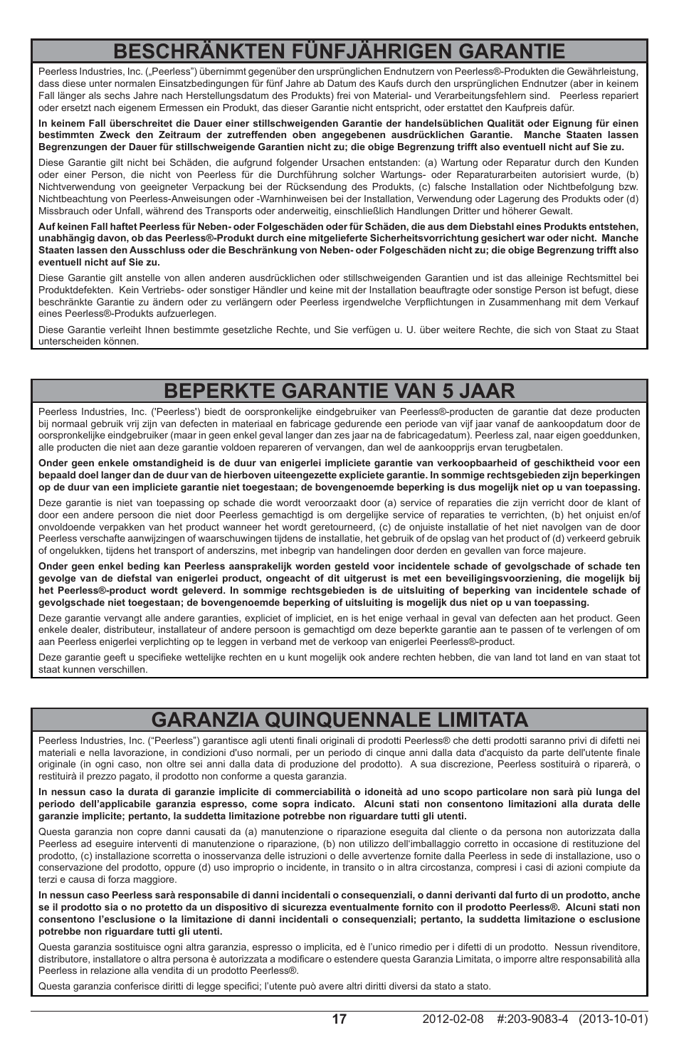 Beperkte garantie van 5 jaar, Garanzia quinquennale limitata, Beschränkten fünfjährigen garantie | Peerless-AV SF650P - Installation User Manual | Page 17 / 20