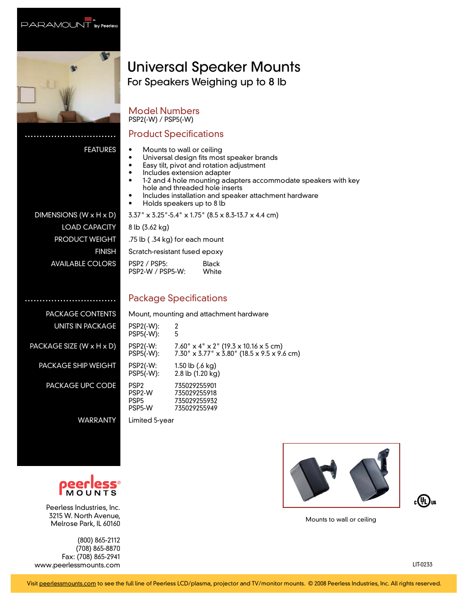 Universal speaker mounts, For speakers weighing up to 8 lb | Peerless-AV PSP5-W  - Sell Sheet User Manual | Page 2 / 2