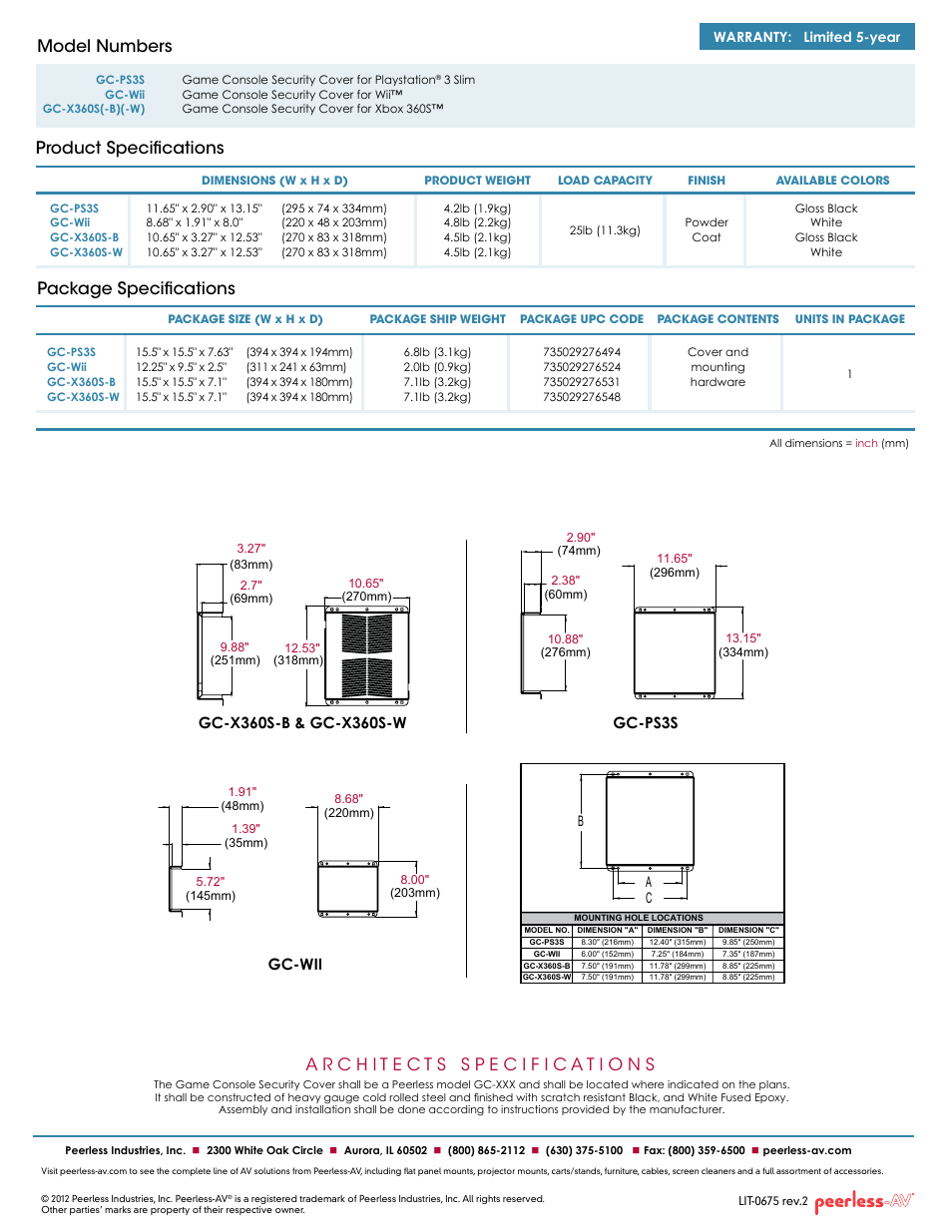 Package specifications, Product specifications model numbers, Gc-wii | Warranty: limited 5-year, Ca b | Peerless-AV GC-X360S-W  - Sell Sheet User Manual | Page 2 / 2