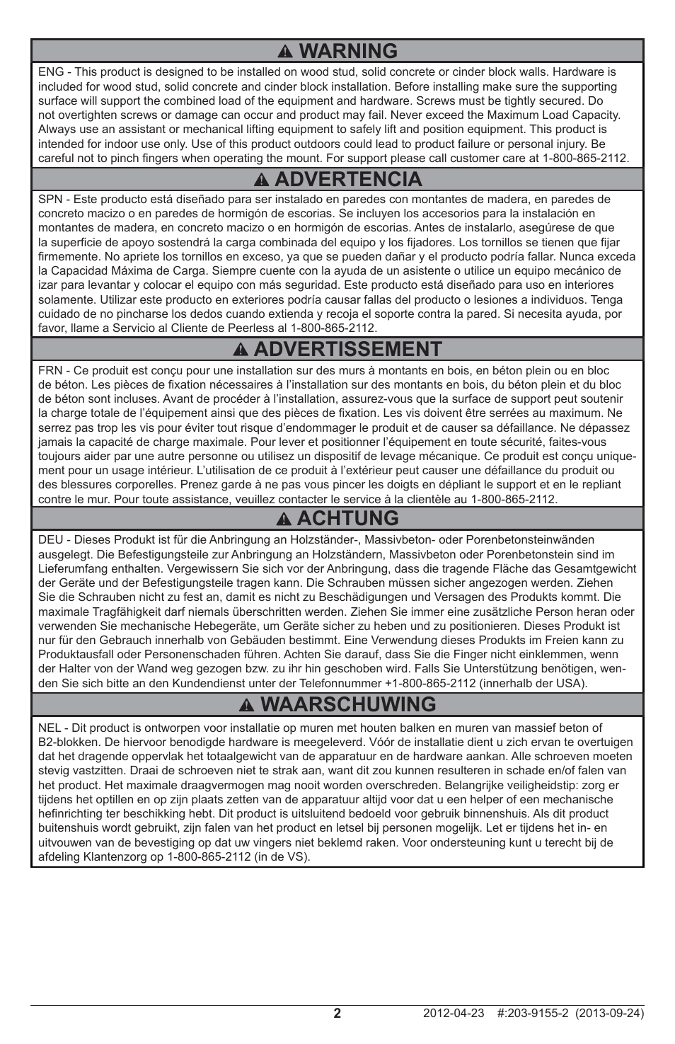 Warning, Advertencia advertissement, Achtung | Waarschuwing | Peerless-AV SA752PU - Installation User Manual | Page 2 / 28