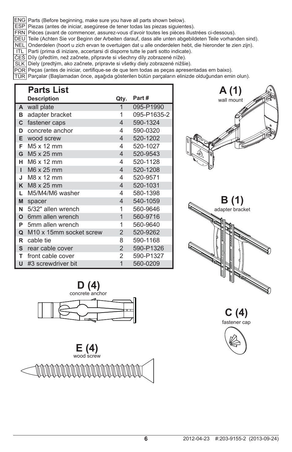 A (1), C (4), B (1) | D (4), E (4), Parts list | Peerless-AV SA752PU - Installation User Manual | Page 6 / 28