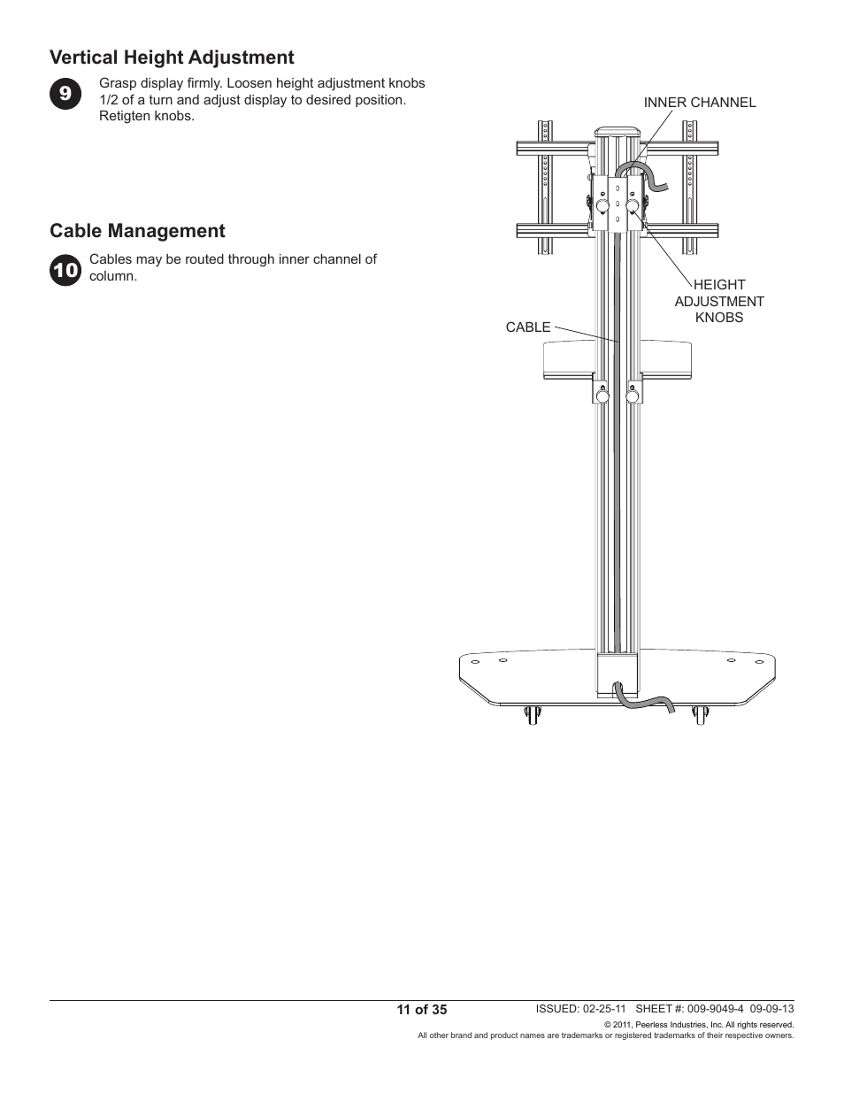 Vertical height adjustment cable management | Peerless-AV SC550GL - Installation User Manual | Page 11 / 35