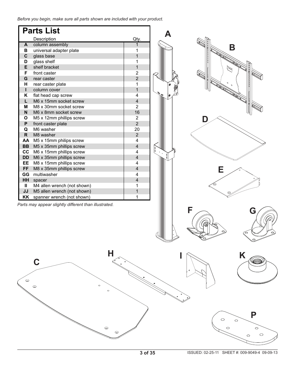 Fg p, Parts list, Lista de piezas | Peerless-AV SC550GL - Installation User Manual | Page 3 / 35
