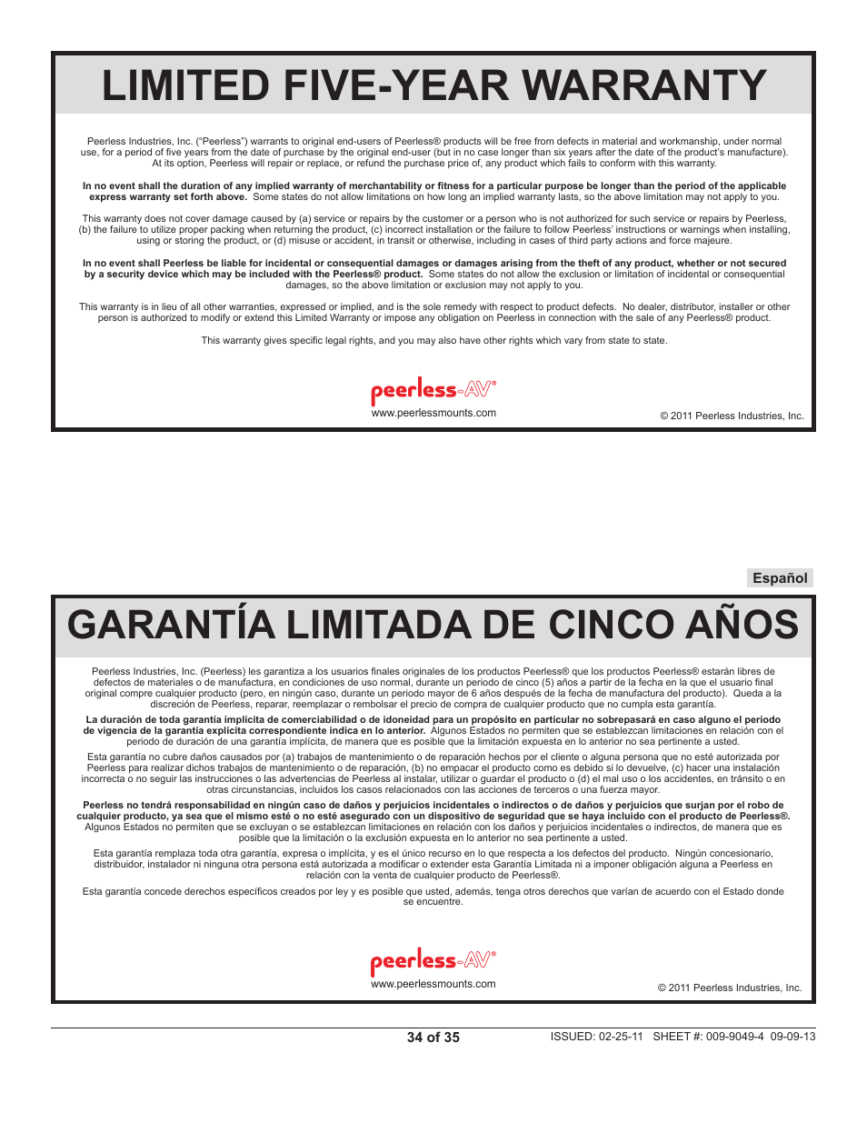 Limited five-year warranty, Garantía limitada de cinco años | Peerless-AV SC550GL - Installation User Manual | Page 34 / 35