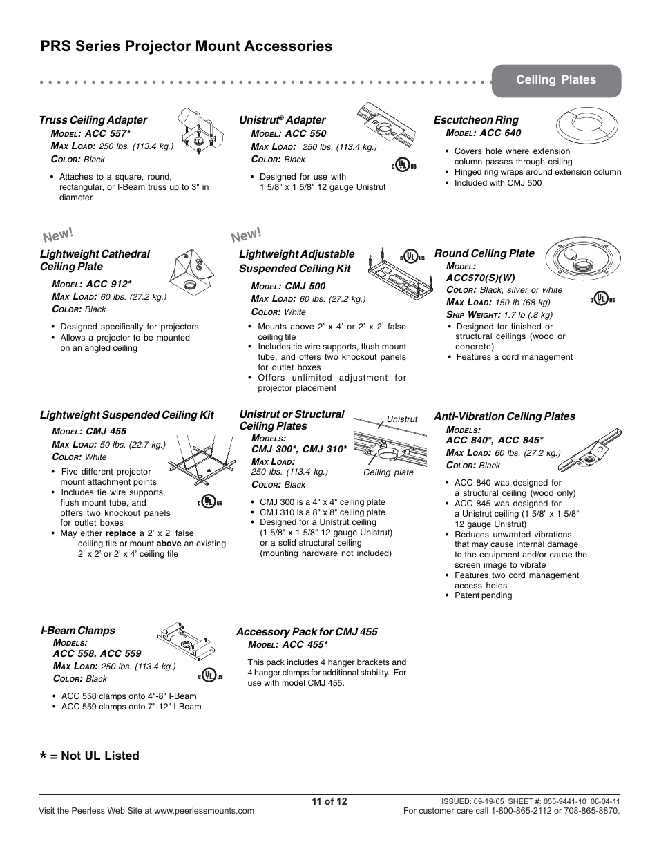 Prs series projector mount accessories, Ceiling plates, Not ul listed | Peerless-AV PRS-UNV - Installation User Manual | Page 11 / 12