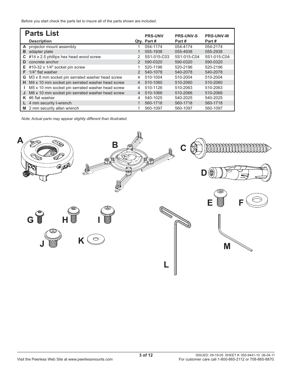 Parts list | Peerless-AV PRS-UNV - Installation User Manual | Page 3 / 12