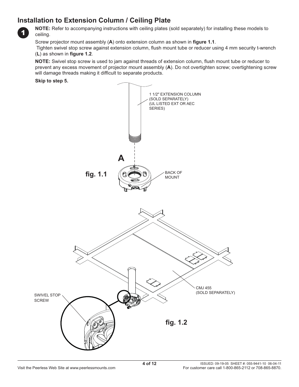 Installation to extension column / ceiling plate, Fi g. 1.1 fi g. 1.2 | Peerless-AV PRS-UNV - Installation User Manual | Page 4 / 12