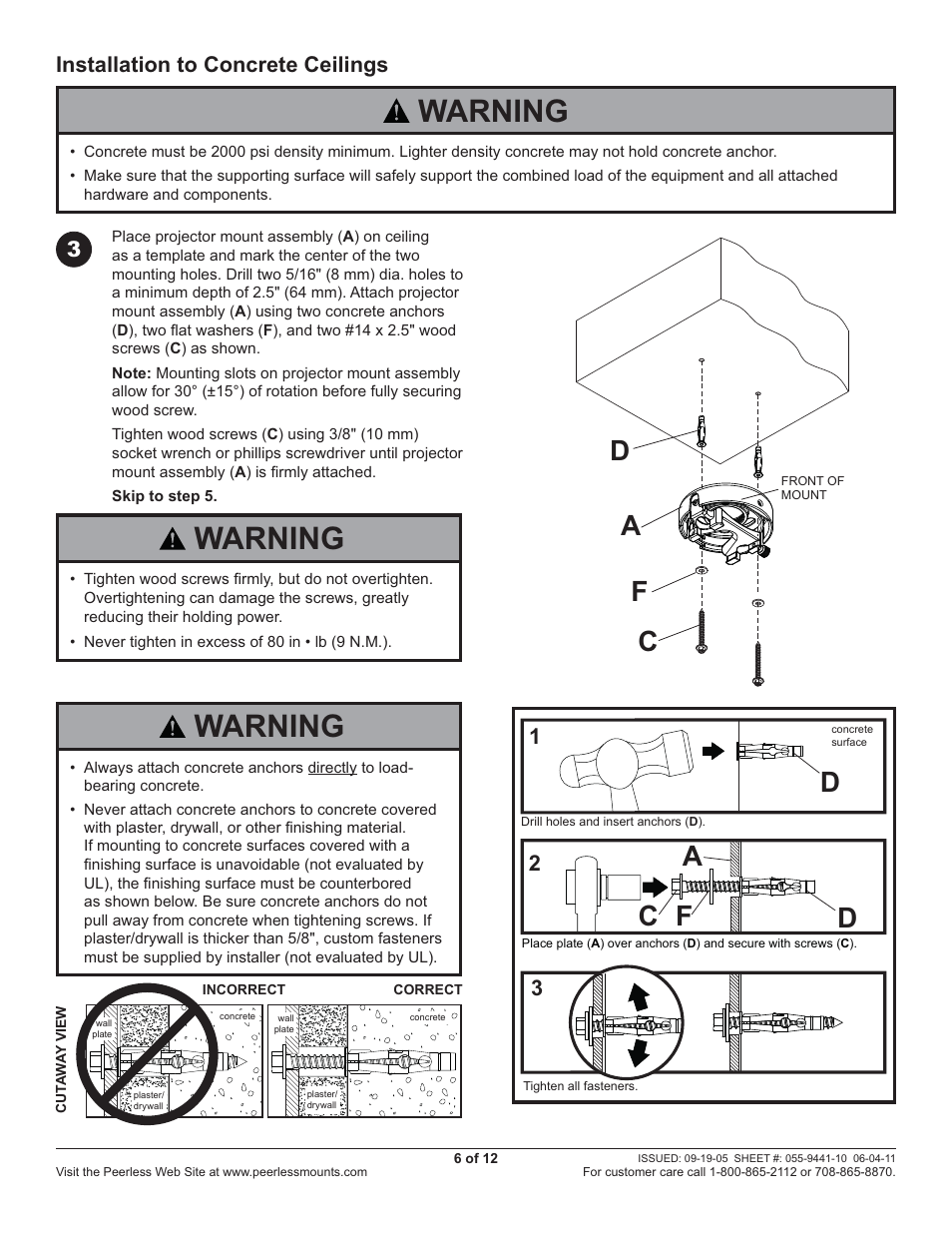 Warning, Dc f a, Ad c f | Installation to concrete ceilings | Peerless-AV PRS-UNV - Installation User Manual | Page 6 / 12