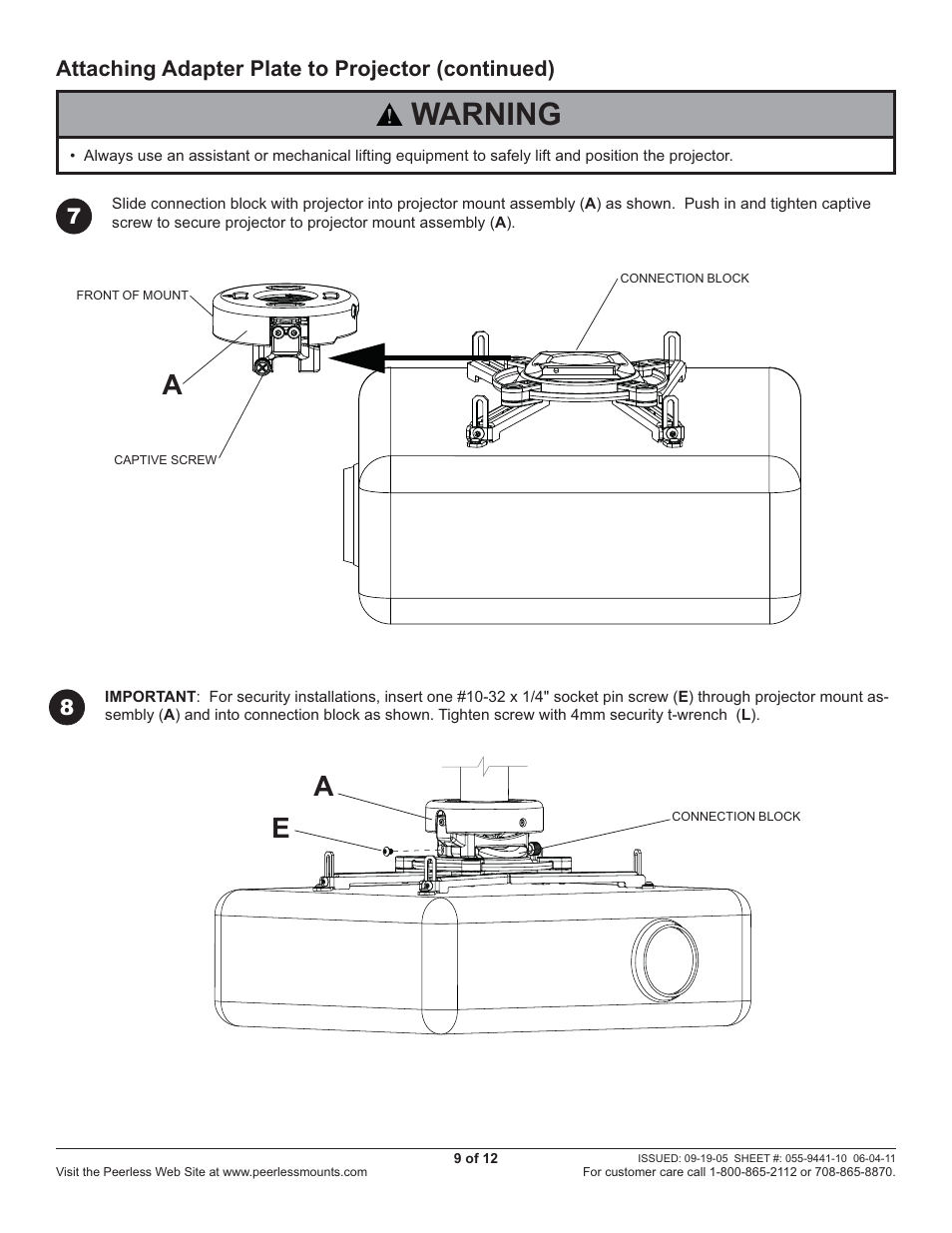 Warning | Peerless-AV PRS-UNV - Installation User Manual | Page 9 / 12