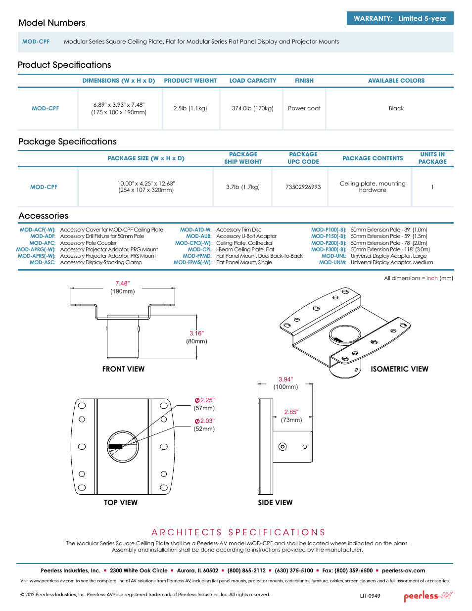 Package specifications, Product specifications model numbers, Accessories | Peerless-AV MOD-CPF  - Sell Sheet User Manual | Page 2 / 2