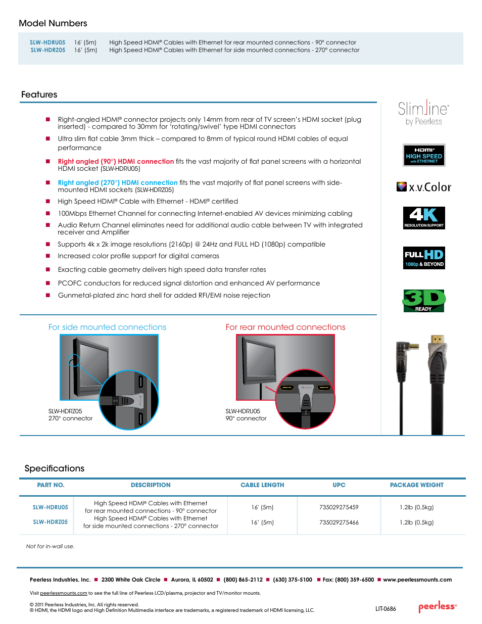 Model numbers, Specifications features, For rear mounted connections | For side mounted connections | Peerless-AV SLW-HDRZ05  - Sell Sheet User Manual | Page 2 / 2