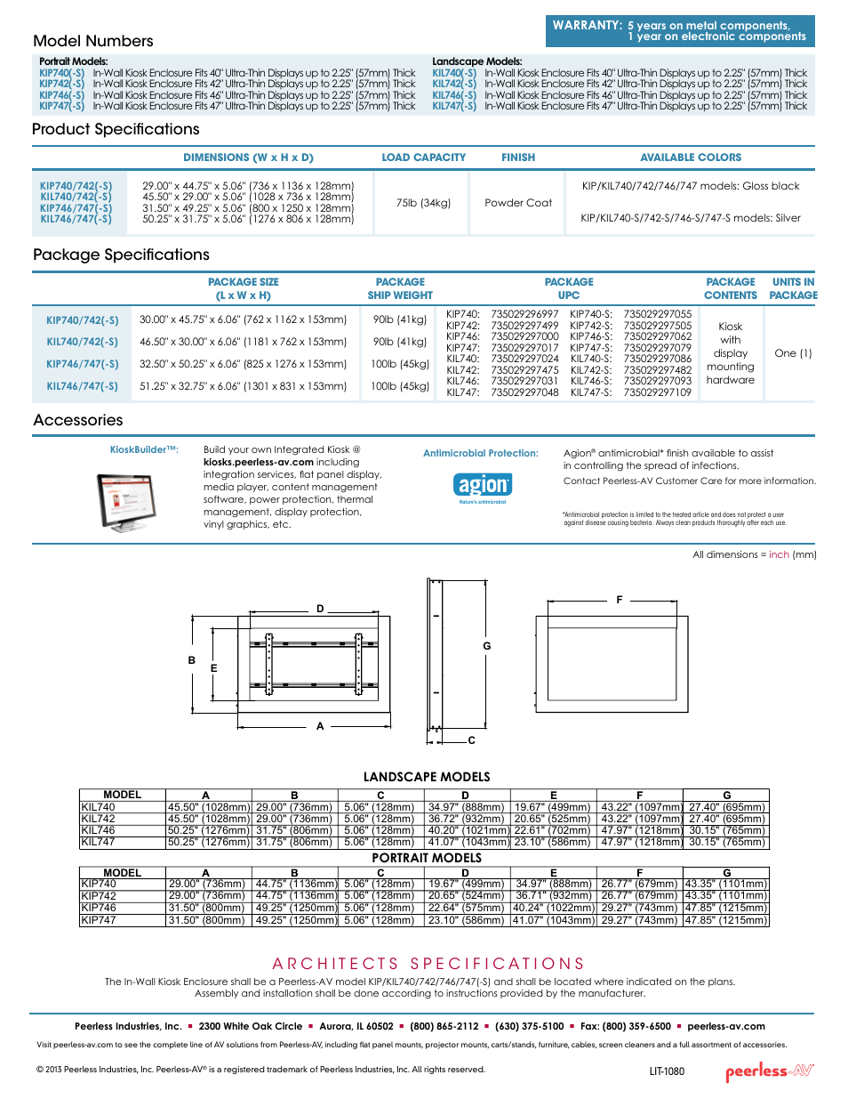 Product specifications model numbers, Package specifications accessories | Peerless-AV KIP747-S  - Sell Sheet User Manual | Page 2 / 2