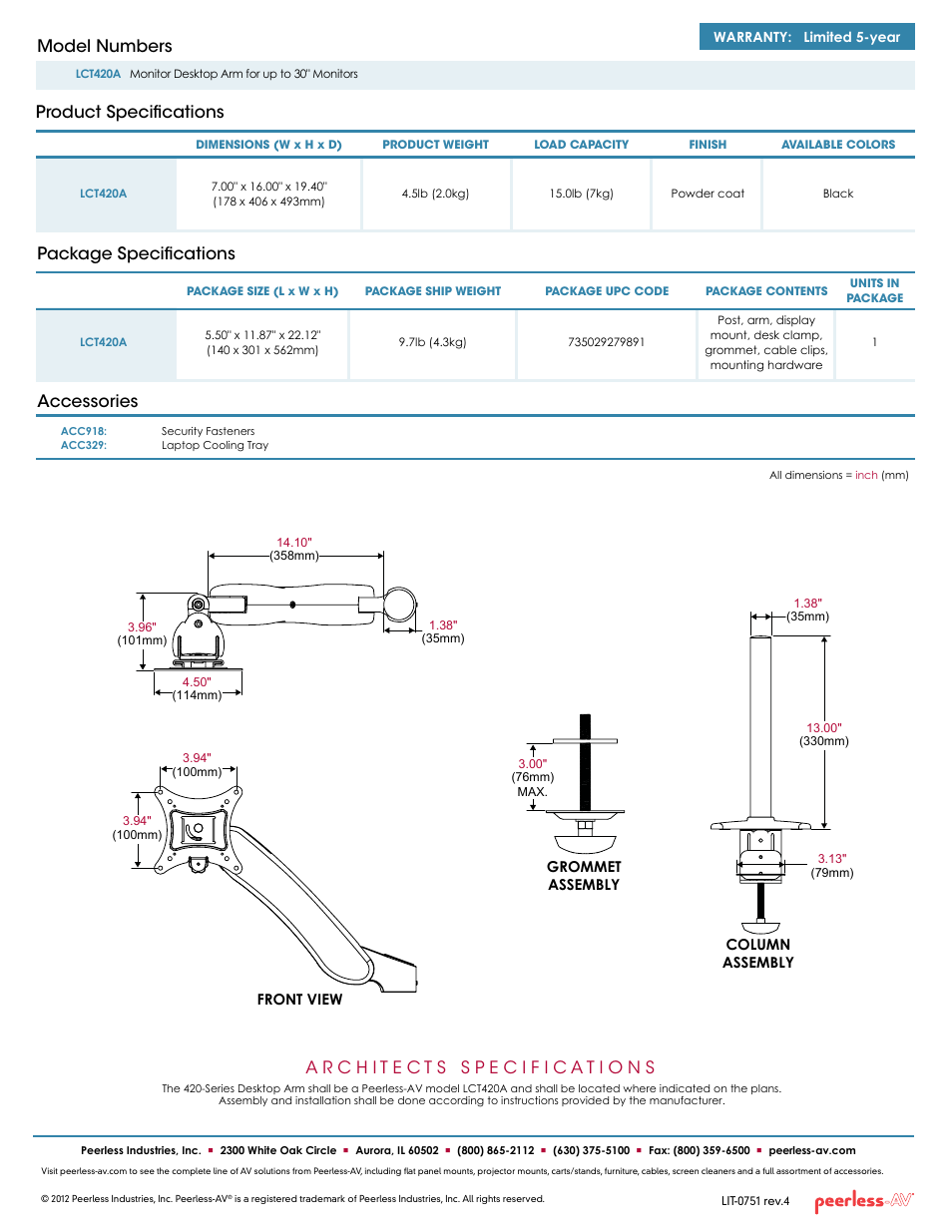 Package specifications, Product specifications model numbers, Accessories | Peerless-AV LCT420A  - Sell Sheet User Manual | Page 2 / 2