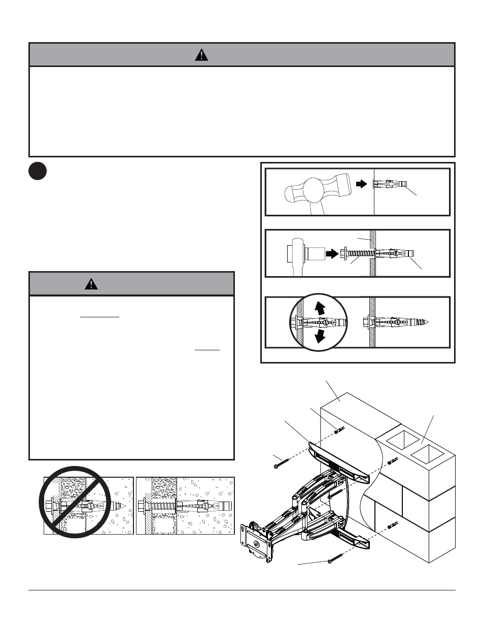 Warning, Ad c,m, Installation to solid concrete or cinder block | Fi g. 2.3 | Peerless-AV ESA763PU - Installation User Manual | Page 7 / 50