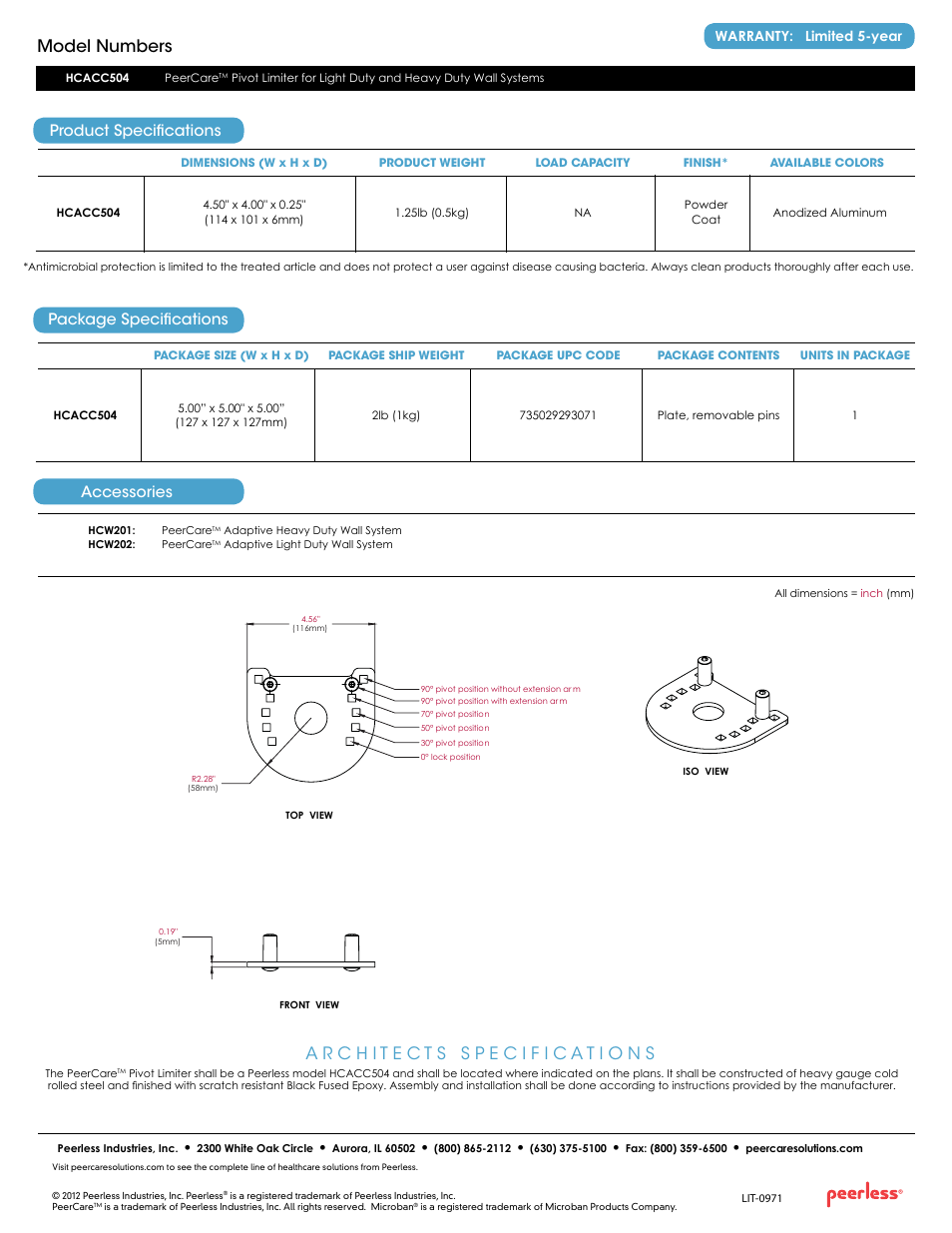 Features, Model numbers, Package specifications accessories | Product specifications, Warranty: limited 5-year | Peerless-AV HCACC504  - Sell Sheet User Manual | Page 2 / 2