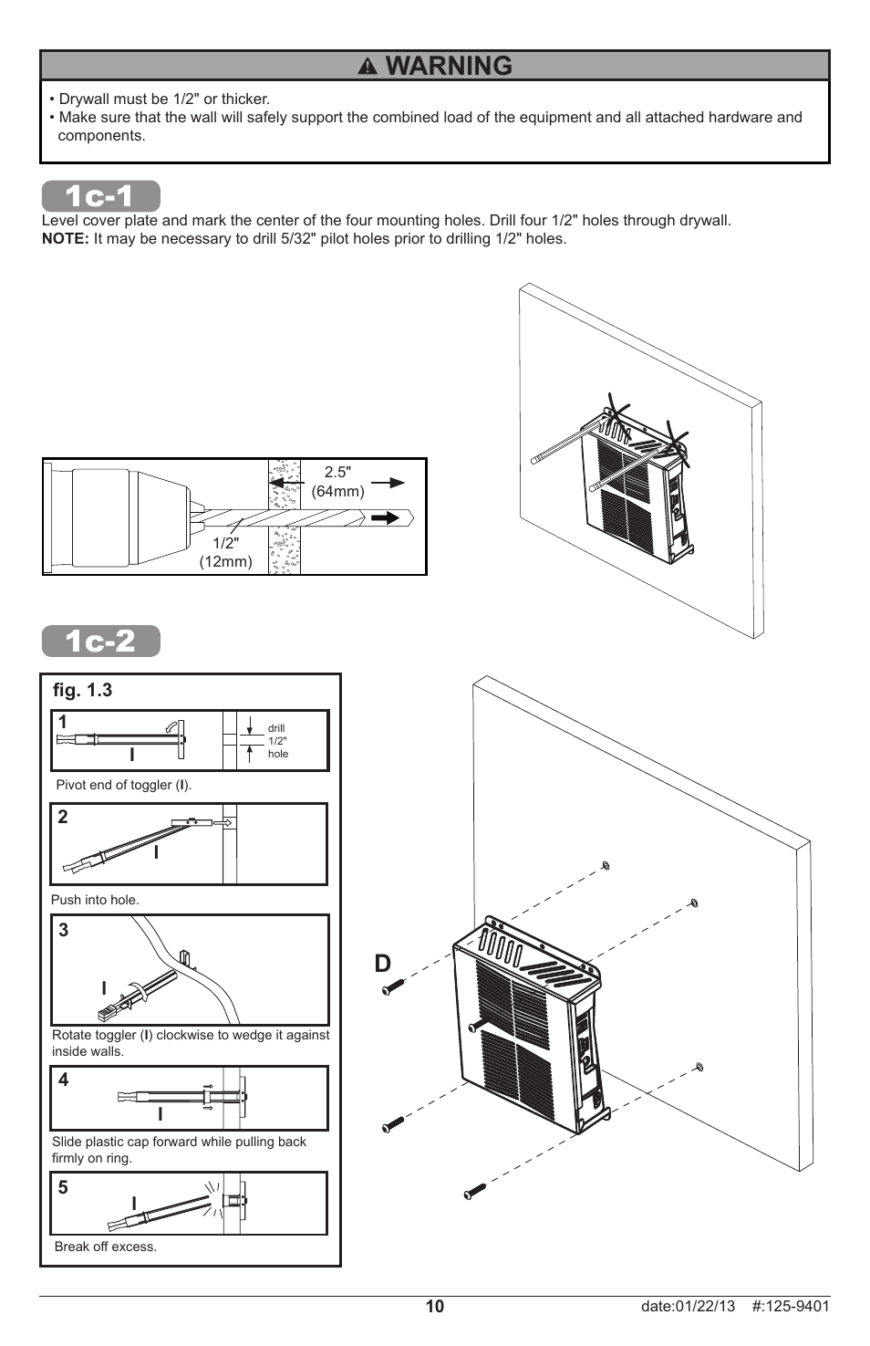 1c-1 1c-2, Warning | Peerless-AV GC-X360S-W - Installation User Manual | Page 10 / 12