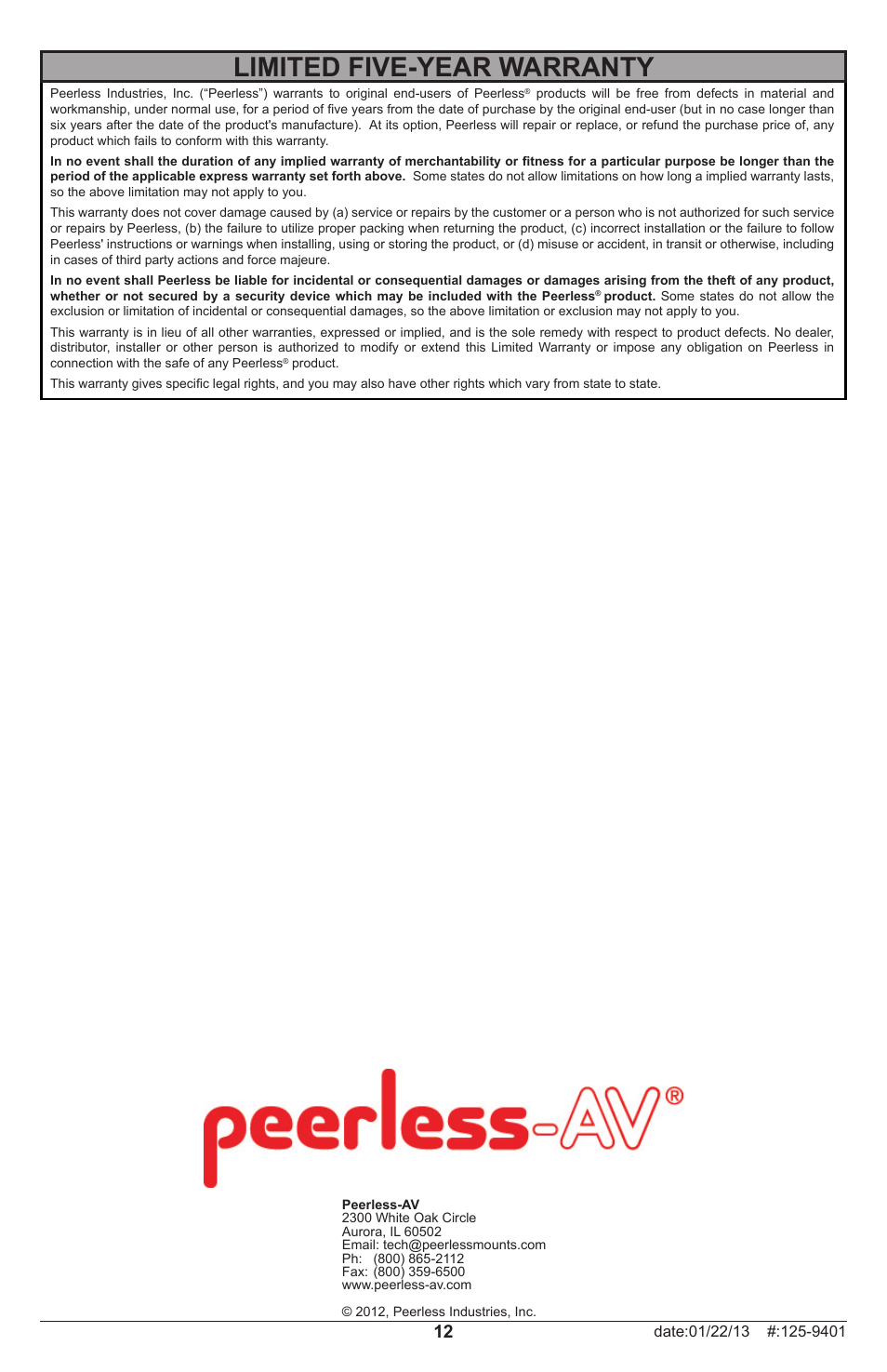 Limited five-year warranty | Peerless-AV GC-X360S-W - Installation User Manual | Page 12 / 12