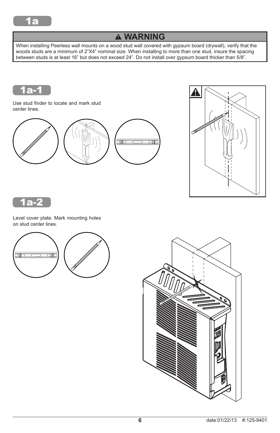 1a-2 1a-1, Warning | Peerless-AV GC-X360S-W - Installation User Manual | Page 6 / 12