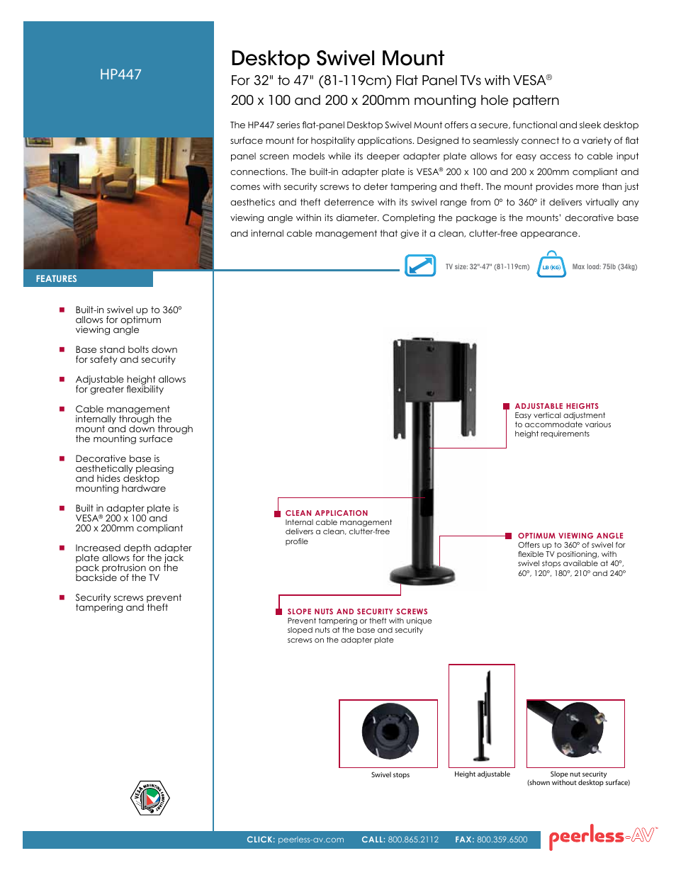 Peerless-AV HP447  - Sell Sheet User Manual | 2 pages