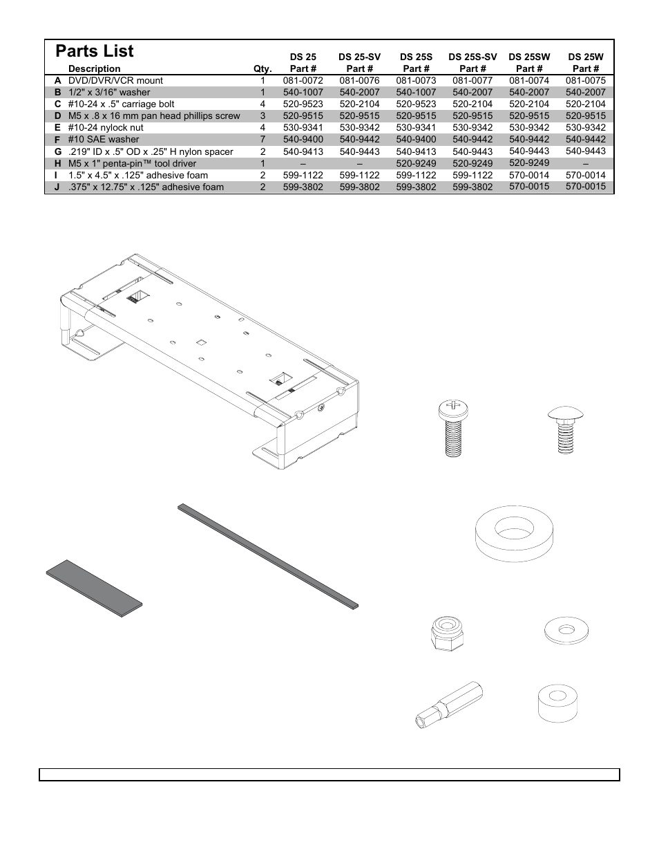 Parts list | Peerless-AV DS25_SV_S_S-SV_SW_W - Installation User Manual | Page 2 / 5