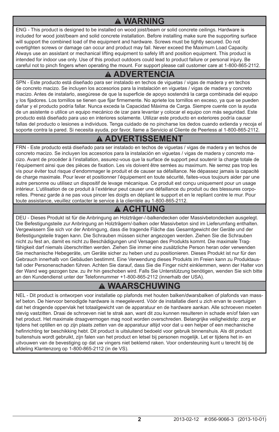 Warning, Advertencia advertissement, Achtung | Waarschuwing | Peerless-AV MOD-PRSSKIT300-B - Installation User Manual | Page 2 / 24