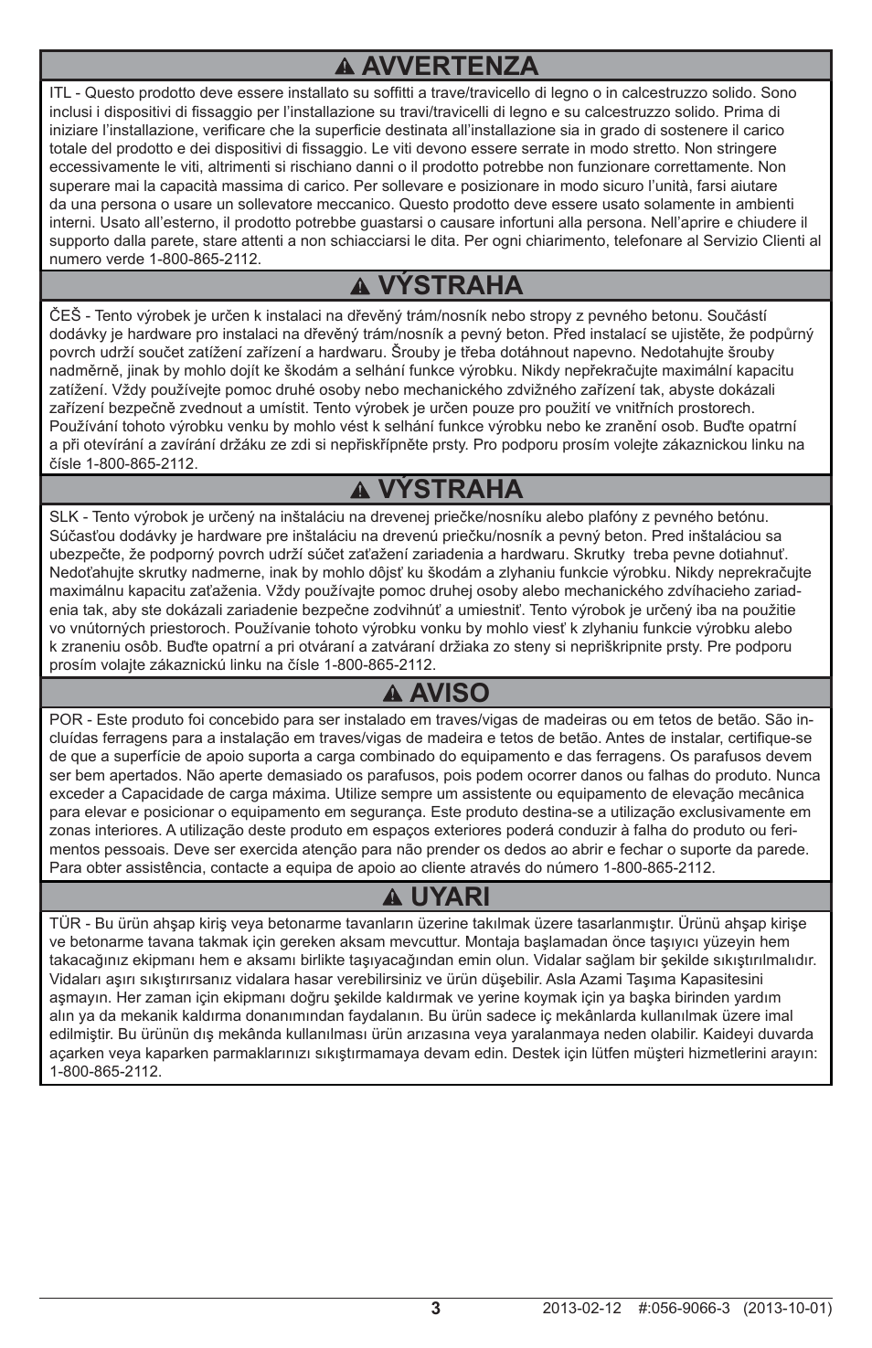 Výstraha, Uyari, Aviso | Avvertenza | Peerless-AV MOD-PRSSKIT300-B - Installation User Manual | Page 3 / 24