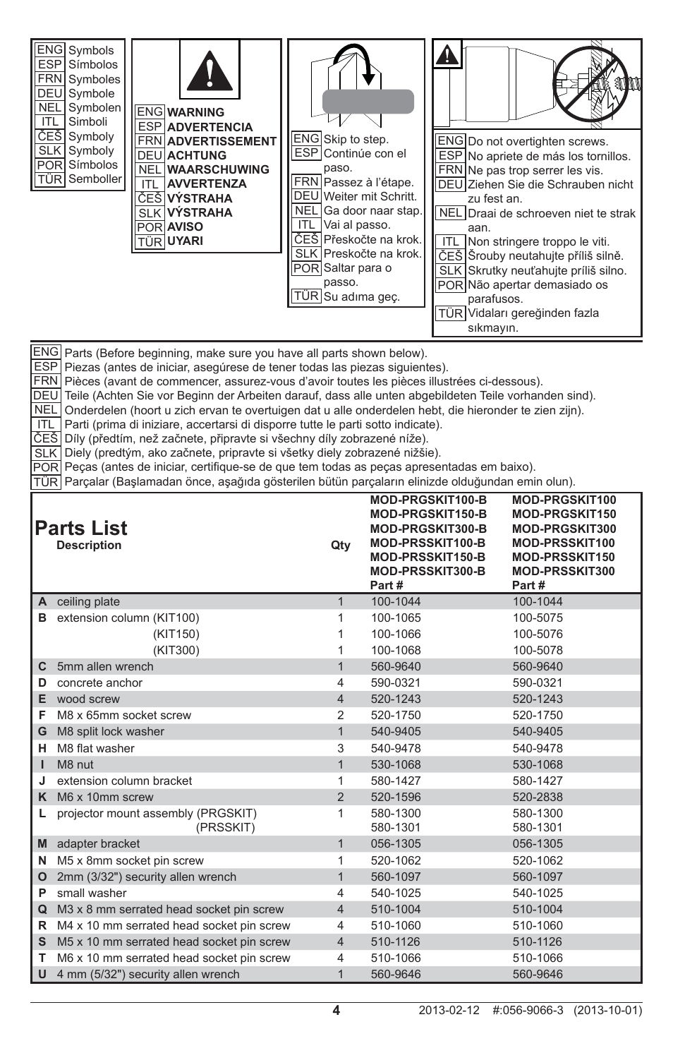 Parts list | Peerless-AV MOD-PRSSKIT300-B - Installation User Manual | Page 4 / 24