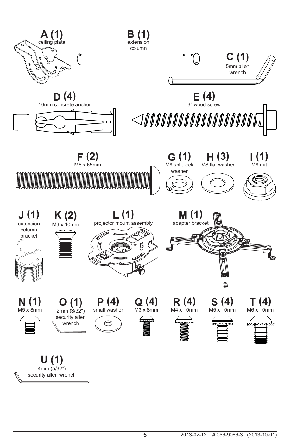 B (1), C (1), A (1) | D (4), E (4), L (1), M (1), P (4), N (1), Q (4) | Peerless-AV MOD-PRSSKIT300-B - Installation User Manual | Page 5 / 24